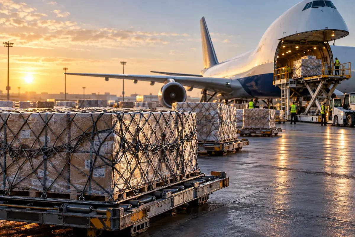 Air cargo pallets prepared for freighter loading