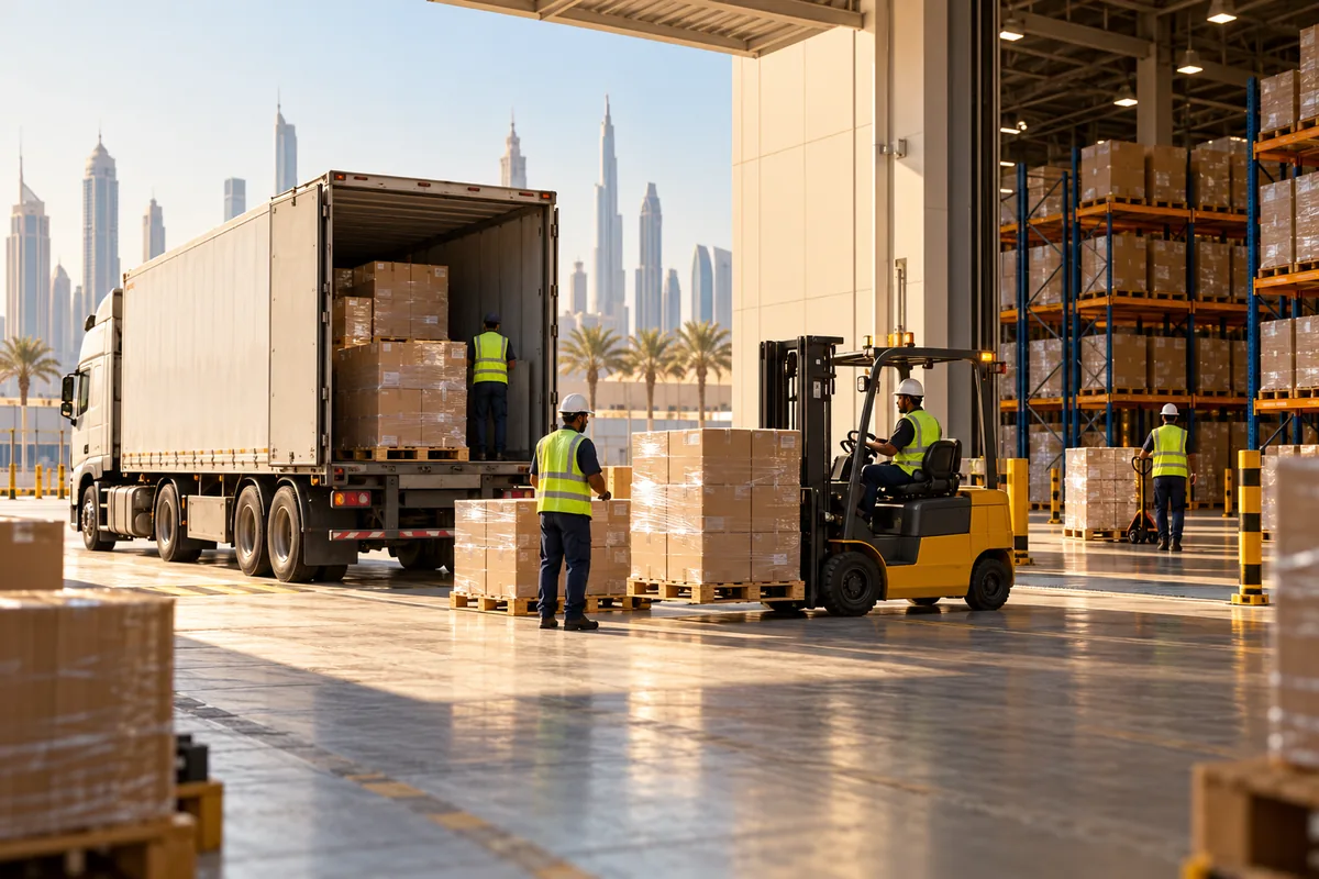 Palletized cartons arriving at a Gulf-region logistics warehouse