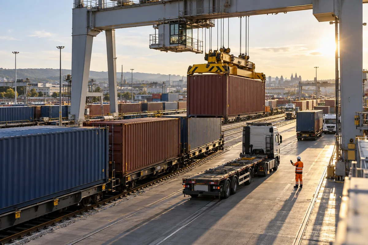 Containers transferred between rail and road at a European freight terminal