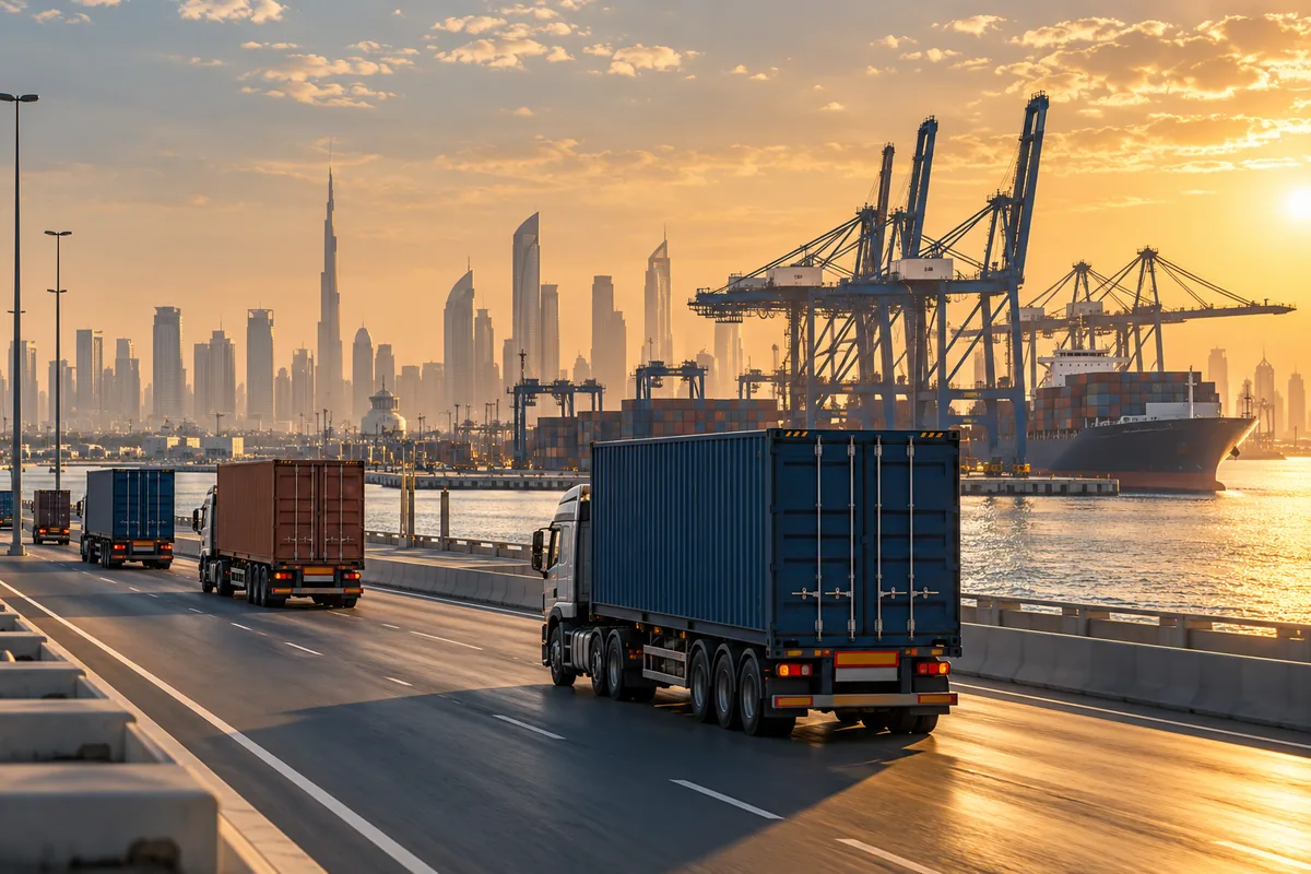 Freight trucks carrying containers near a Gulf-region commercial port