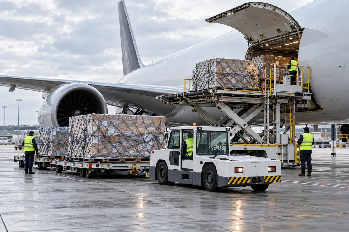 Air cargo pallets being loaded at an airport
