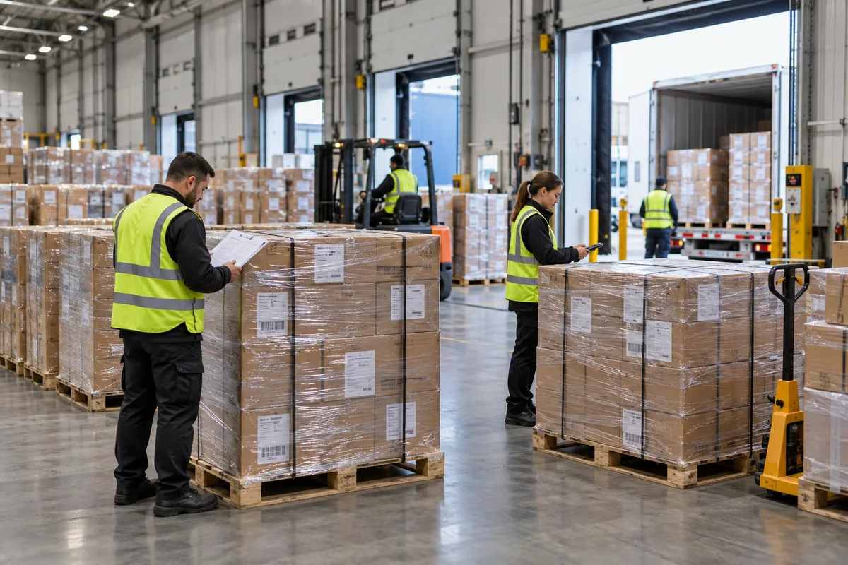 Palletized cartons being checked at a fulfillment warehouse