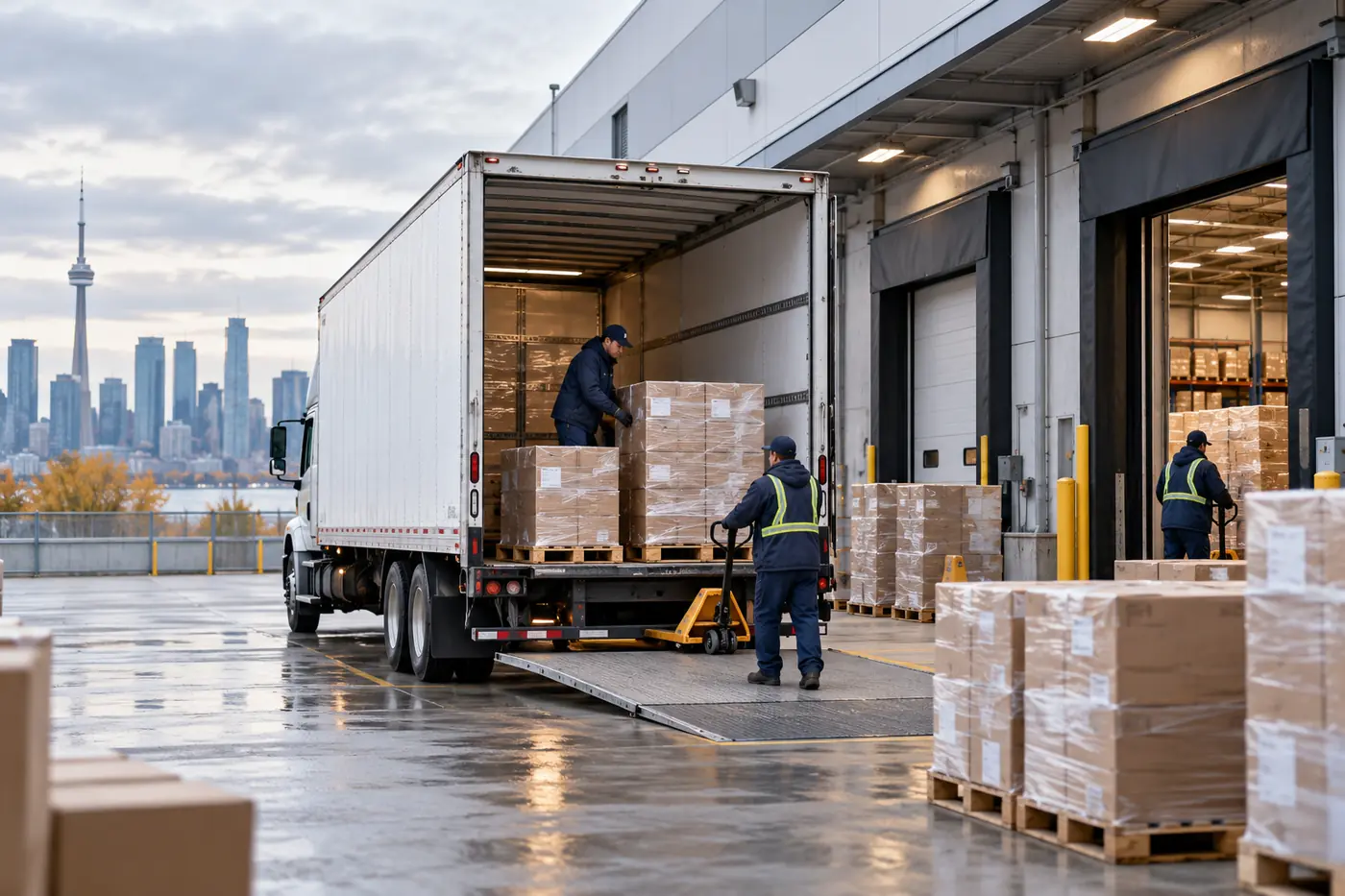 Truck at a Canadian fulfillment warehouse with palletized cargo