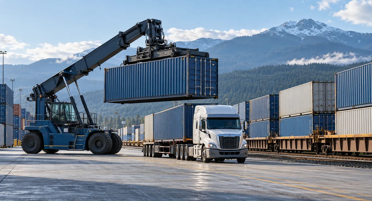 Intermodal container terminal with truck and freight train in Canada