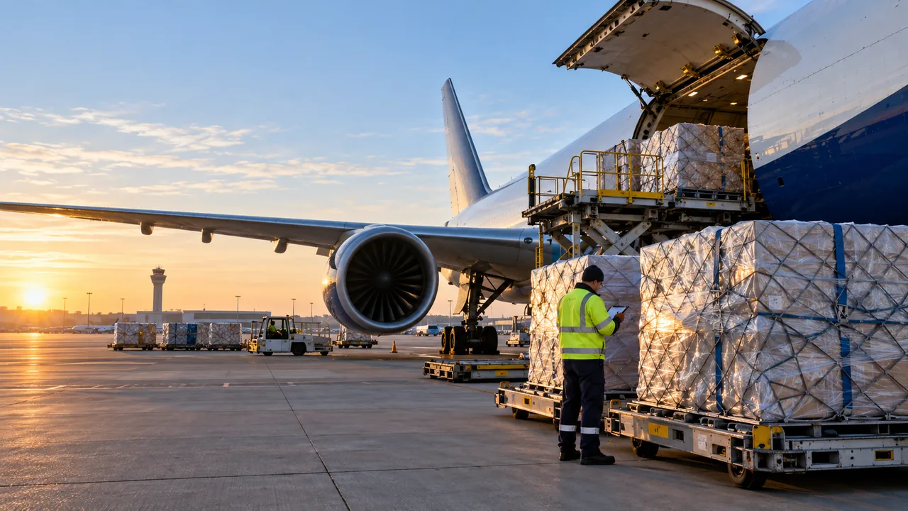 Cargo pallets prepared beside a freight aircraft for US air shipment