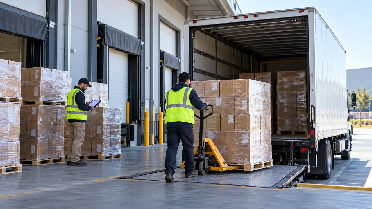 Warehouse team preparing palletized cartons for truck delivery